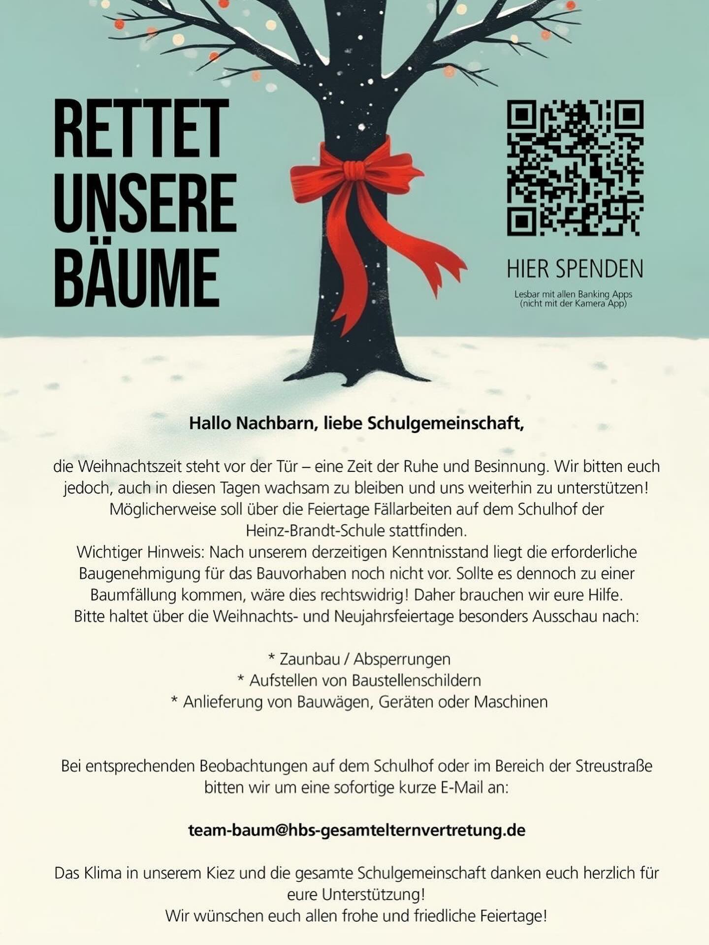 Lieber Kiez, anbei ein Aufruf der Gesamtelternvertretung der Heinz-Brand-Schule, den wir Euch gerne weiterleiten. Watch out 🧐 und noch eine schöne Advents- und Weihnachtszeit 🎄🎄🎄