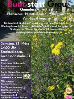 Liebe Nachbarschaft, rechtzeitig zum Frühlingsbeginn veranstaltet Eure Lieblingsstadtteilvertretung einen Infonachmittag im Stadtteilladen in der Jacobsohnstraße. Von tollen Fachfrauen und -männern bekommt Ihr erzählt, wie wir gemeinsam unseren Langhanskiez grüner machen können. Kommt alle vorbei! Um 14 Uhr am 21.3. geht’s los ❤️🥳❤️
