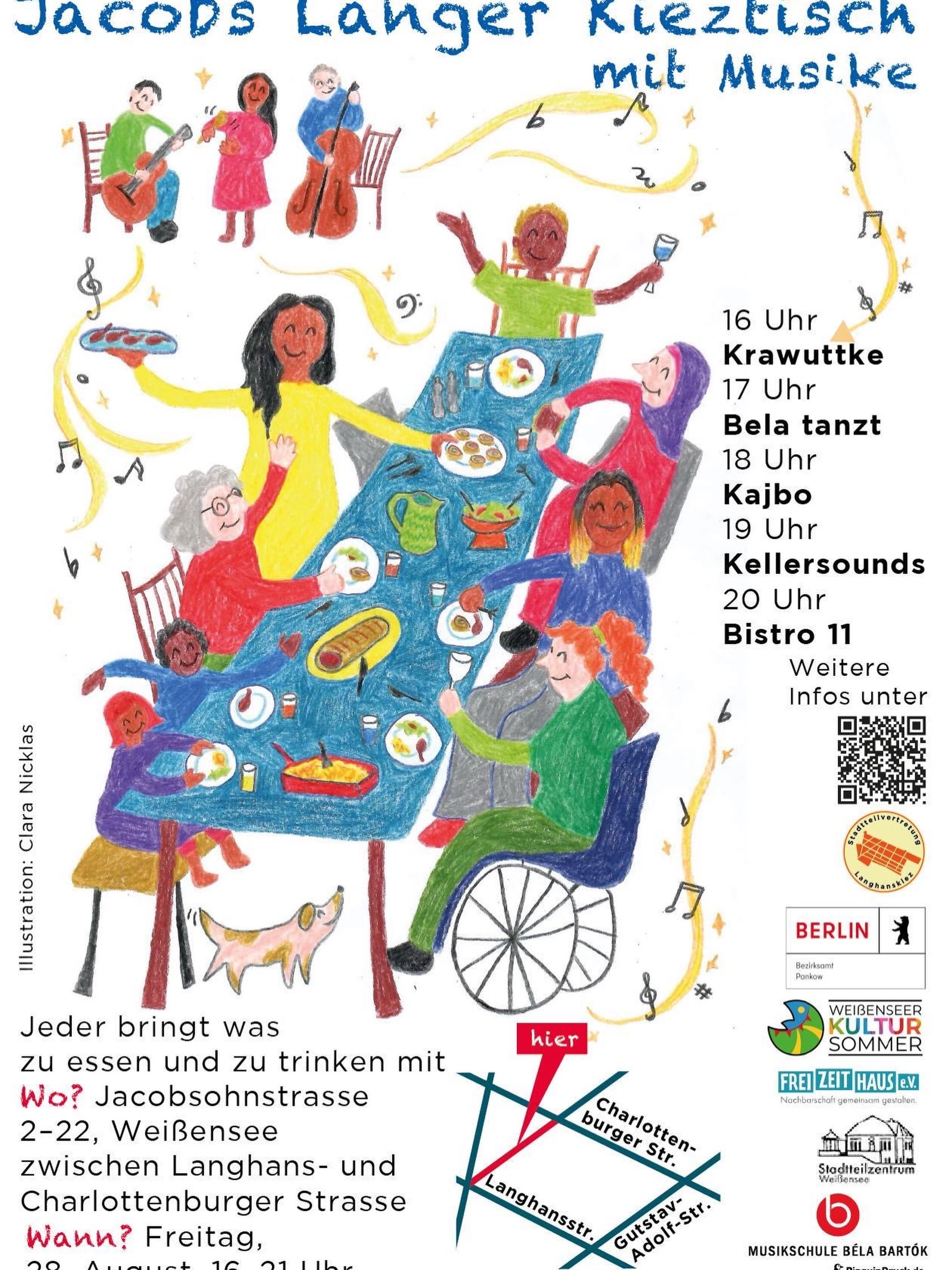 🚨🚨🚨Liebe Leute, Kieztisch findet statt und wir haben das finale Lineup für Euch!!!
16 Uhr Krawuttke (coole Kindermucke)  17 Uhr Bela tanzt (Musik und Tanz von der Musikschule Bela Bartok)
18 Uhr Kajbo (seht und hört selbst)
19 Uhr Kellersounds (die tolle Coverband aus den Kellern der Nachbarschaft)
20 Uhr Bistro 11 (Garagenpunk vom feinsten von den besten Newcomern der Stadt)
❓Wo: Jacobsohnstraße 2 - 22
❓ Wann: 28.8. von 16 - 21 Uhr  KOMMT ALLE VORBEI 🥳🥳🥳