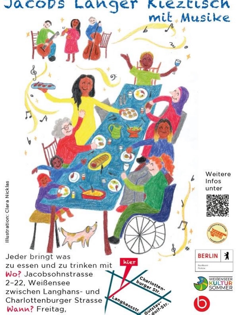 Langer Kieztisch, ick hör Dir ma wieda trapsen 🥳🥳🥳 Wann? Freitag, 28.8. von 16 - 21 Uhr  Wo? in der Jacobsohnstraße zwischen Charlottenburger und Langhansstrasse  Wer kommt alles? Tolle Bands und IHR ALLE!🥳🥳🥳 Bringt was zu Essen, zu Trinken und Eure Familien, Freund*innen, Nachbar*innen, einfach alle netten Menschen, die Ihr kennt mit und habt eine tolle Zeit mit uns ❤️❤️❤️